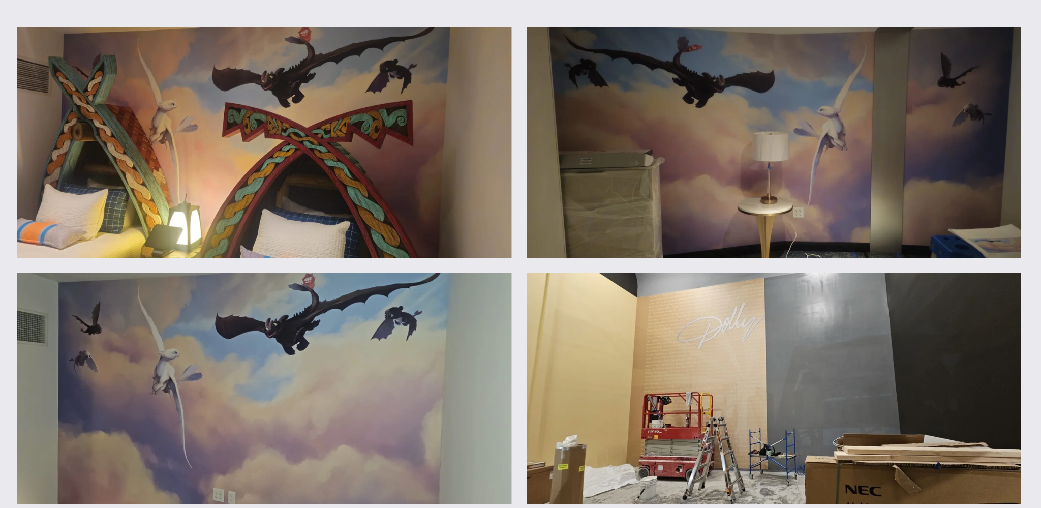Collage showing themed children’s mural installations and a large branded Dolly wallcovering project